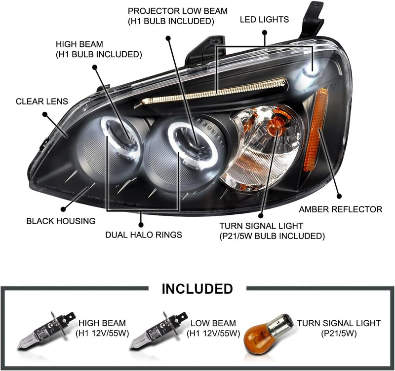DUAL HALO PROJECTOR HEADLIGHTS for 2001-2003 Honda Civic Black Projector (Halo Led)