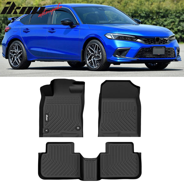 IKON Floor Mat Compatible with 2022-2024 Honda Civic & 2023-2024 Acura Integra Floor Mats, 3D Molded 1st 2nd Row Front Rear Protection 3PC Pad Black TPE Thermo Plastic Elastomer All Weather Liner Protector
