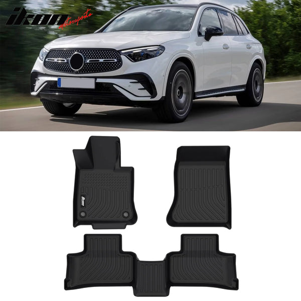 IKON Floor Mat Compatible with 2023-2024 Mercedes GLC Floor Mats, 3D Molded Custom Carpets 1st 2nd Row Front Rear Protection 3PC Pad Black TPE Thermo Plastic Elastomer All Weather Liner Protector
