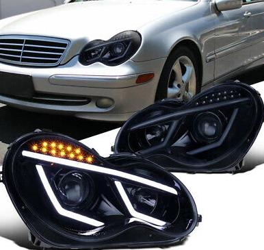  Spec-D Tuning LED Projector Headlights Black Compatible with  2001-2007 Mercedes-Benz W203 C-Class Sedan, Left + Right Pair Headlamps  Assembly : Automotive