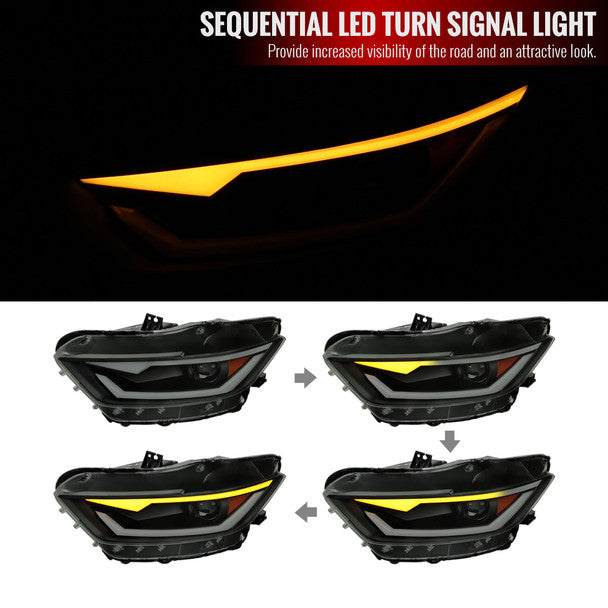Headlight Set 2015-2017 Ford Mustang/2018-2020 Mustang Shelby HID/Xenon Switchback Sequential LED Turn Signal Projector Headlights (Matte Black Housing/Smoke Lens)