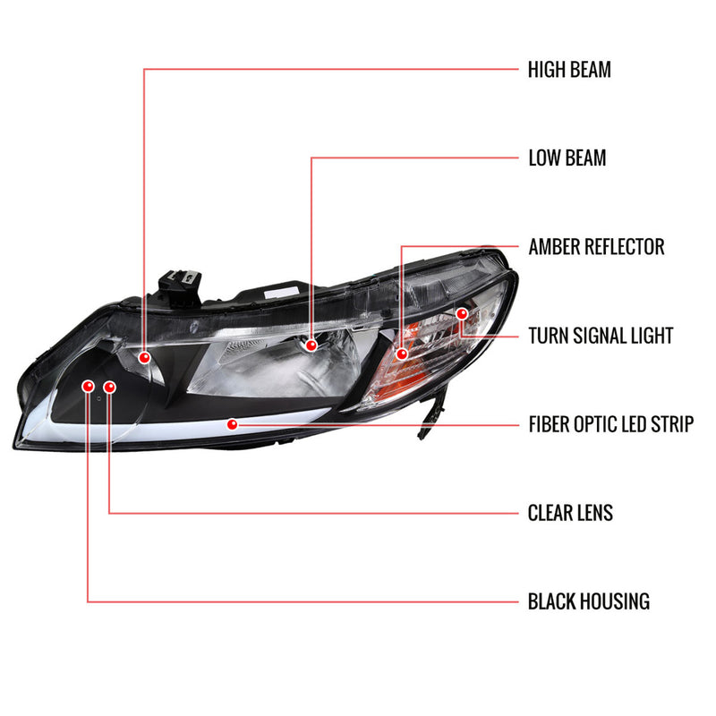 Headlight Housing Kit Euro Style w/ LED Strip Black 2006-2011 Honda Civic Sedan 4dr