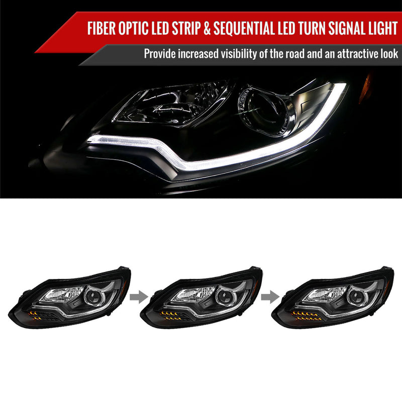 Projector Headlight Set 2012-2014 Ford Focus Projector Headlights w/ LED Light Strip & Sequential Turn Signal Lights (Matte Black Housing/Clear Lens)