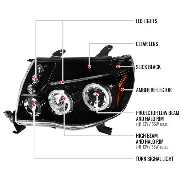 Headlight 2005-2011 Toyota Tacoma Dual Halo Projector Headlights (Jet Black Housing/Clear Lens) - Auto Sports Accessories & Performance