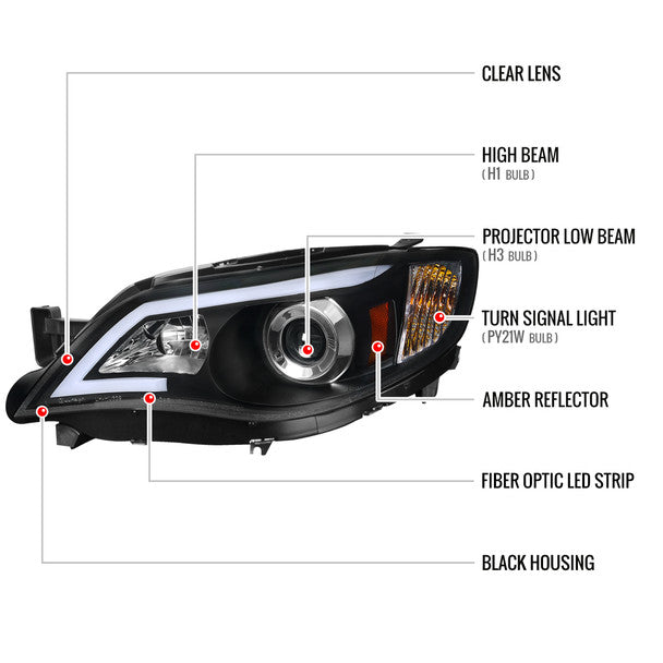 Headlight Set 2008-2014 Subaru Impreza WRX / 2008-2011 Outback Sport LED Bar Projector Headlights (Matte Black Housing/Clear Lens) - Auto Sports Accessories & Performance