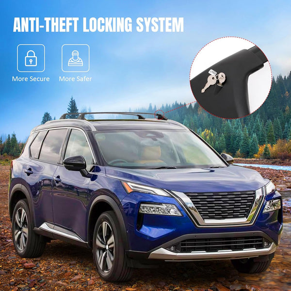 Cross Bar 2021-2025 Nissan Rogue 2021-2025 Nissan Rogue (Not Fit Rock Creek Model), Aluminum Black Anti-Theft Lock Crossbars with Key (Factory Side Rails Required)