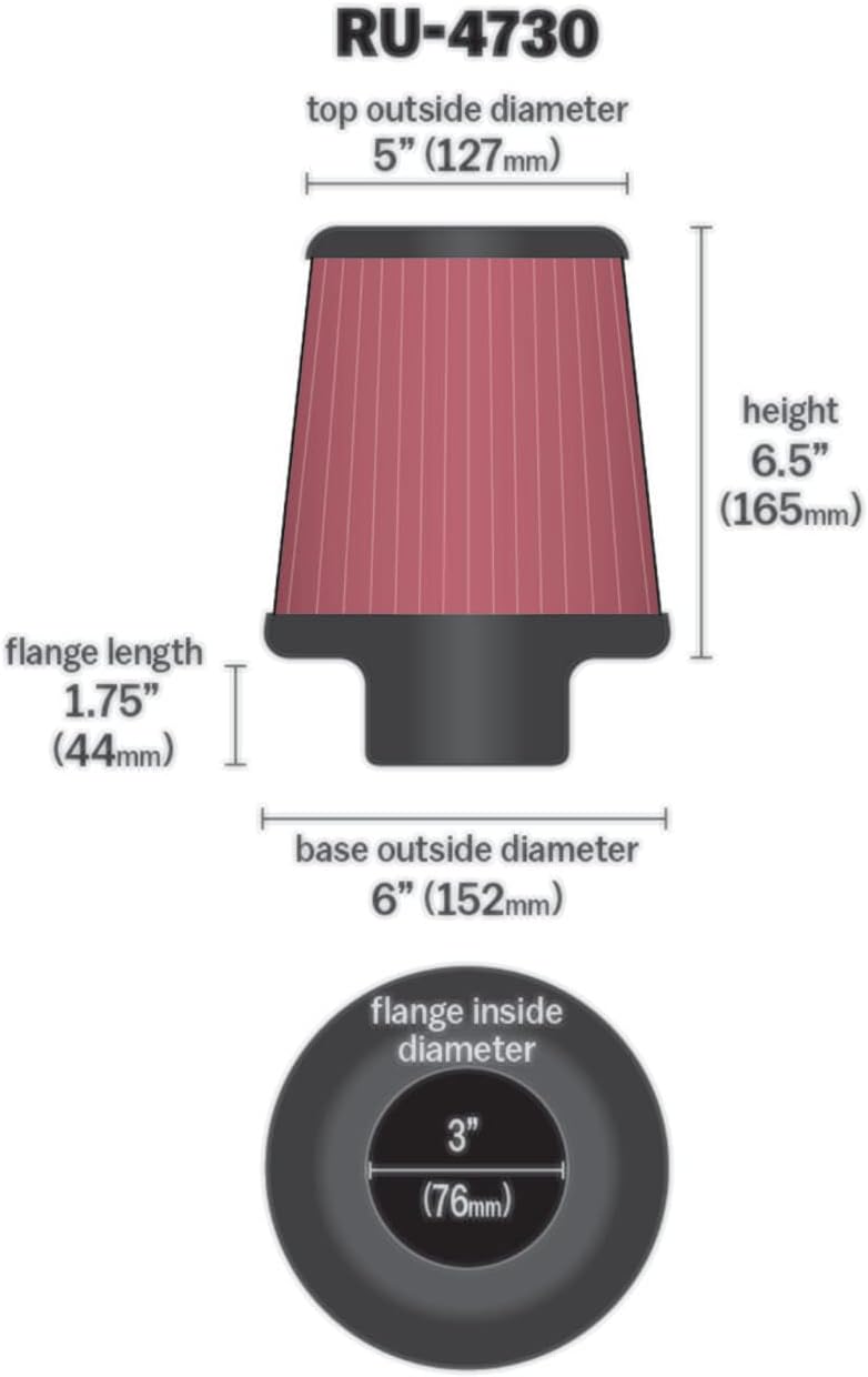 Engine Air Filter K&N RU-4730 3 inch Flange 6 inch Base 5 Top 6 1/2 inch Height