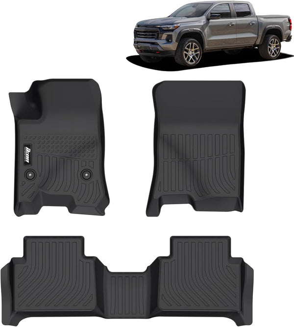 IKON Floor Mat Compatible with 2Fits 2023-2025 Chevrolet Colorado/GMC Canyon Crew Cab, Floor Mats, 3D Molded Custom Pad Black TPE Thermo Plastic Elastomer All Weather Liner Protector 1st , 2nd Front Rear Protection 3PC Set (Copy)