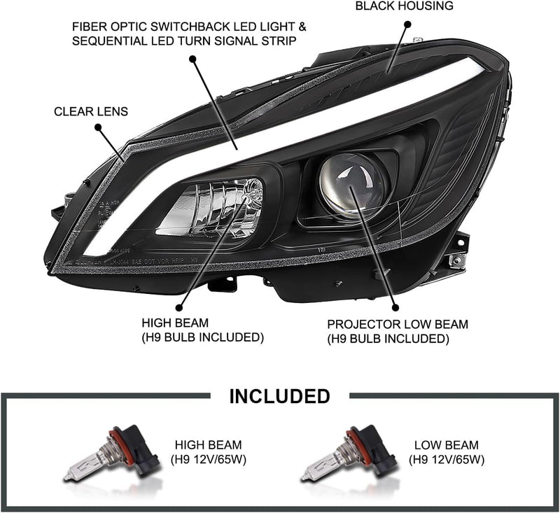 Headlight 2012-2014 Mercedes-Benz W204 C-Class Switchback Sequential LED Bar Projector Headlights (Matte Black Housing/Clear Lens) - Auto Sports Accessories & Performance