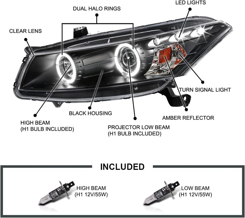 Headlight Lamp 2008-2012 Honda Accord Coupe Dual Halo Projector Headlights (Matte Black Housing/Clear Lens) - Auto Sports Accessories & Performance