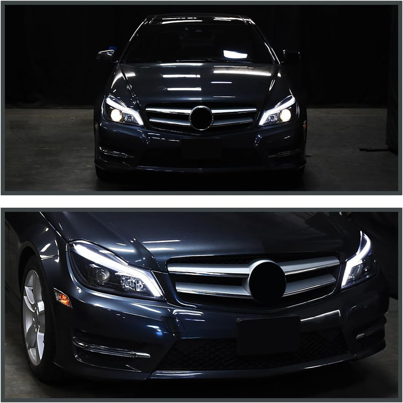 Headlight 2012-2014 Mercedes-Benz W204 C-Class Switchback Sequential LED Bar Projector Headlights (Matte Black Housing/Clear Lens)