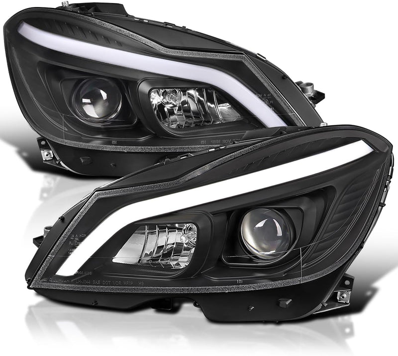 Headlight 2012-2014 Mercedes-Benz W204 C-Class Switchback Sequential LED Bar Projector Headlights (Matte Black Housing/Clear Lens) - Auto Sports Accessories & Performance