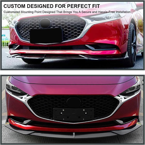 Front Lip 2019-2020 Mazda 3 Glossy Black Polypropylene 3PC Front Bumper Lip Set