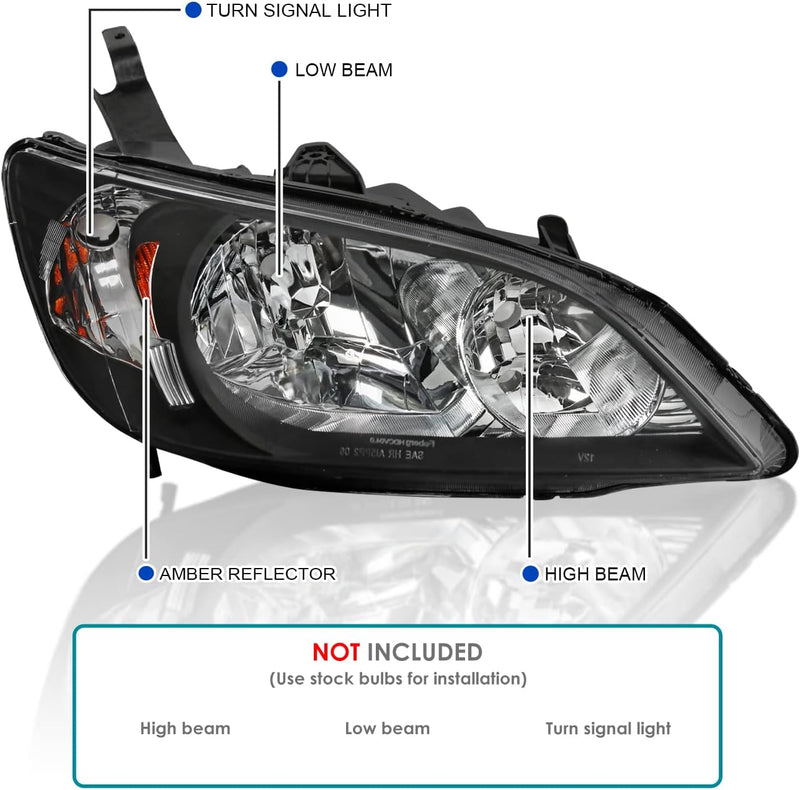 Headlight Lamp 2004-2005 Honda Civic Crystal Headlights (Matte Black Housing/Clear Lens)