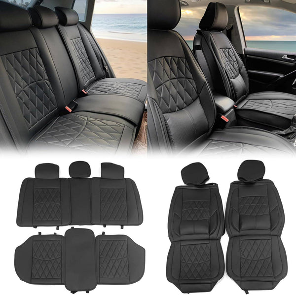 Car Seat Covers with Lumbar Support, PU Leather Seat Cover Cushion Protector for SUV Pick-up Trucks, Waterproof Driver Seat Cover (Front Rear Full Set, Black) - Auto Sports Accessories & Performance