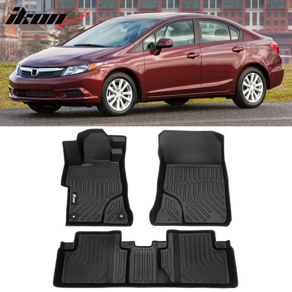 IKON Floor Mat Compatible with 2012-2015 Honda Civic Sedan 4door Floor Mats 3D Molded 1st 2nd Row Front Rear Protection 3PC Pad Black TPE Thermo Plastic Elastomer All Weather Liner Protector