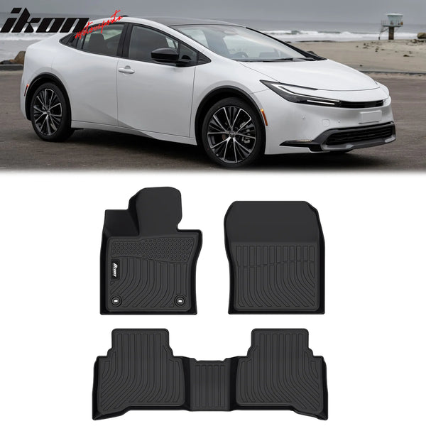 IKON Floor Mat Compatible with 2023-2024 Toyota Prius Floor Mats, 3D Molded Custom Carpets 1st 2nd Row Front Rear Protection 3PC Pad Black TPE Thermo Plastic Elastomer All Weather Liner Protector
