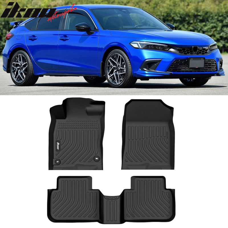 IKON Floor Mat Compatible with 2022-2024 Honda Civic & 2023-2024 Acura Integra Floor Mats, 3D Molded 1st 2nd Row Front Rear Protection 3PC Pad Black TPE Thermo Plastic Elastomer All Weather Liner Protector - Auto Sports Accessories & Performance