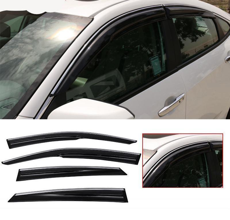 Window Visor Deflector Rain Guard 2016-2021 Honda Civic 4 door Sedan Mugen Style w/ Chrome Trim 10th Gen Civic
